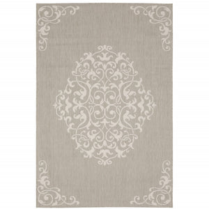 HomeRoots 7' Gray and Ivory Oriental Area Rug - Stain Resistant, Durable, Stylish for Indoor and Outdoor Use 6'7" x 9'2" 507796