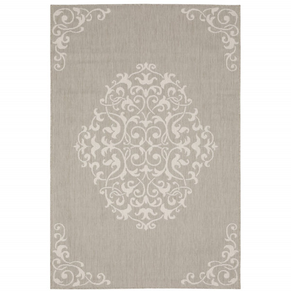 HomeRoots 7' Gray and Ivory Oriental Area Rug - Stain Resistant, Durable, Stylish for Indoor and Outdoor Use 6'7" x 9'2" 507796