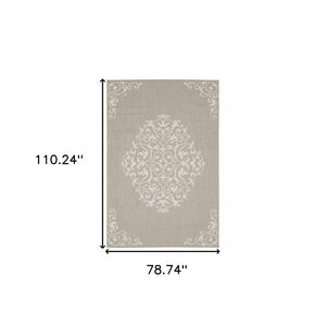 HomeRoots 7' Gray and Ivory Oriental Area Rug - Stain Resistant, Durable, Stylish for Indoor and Outdoor Use 6'7" x 9'2" 507796