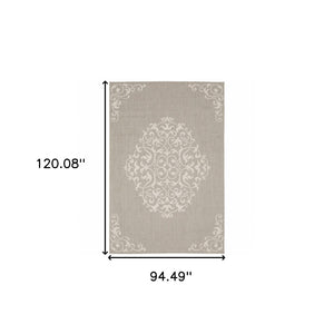 HomeRoots 7' Gray and Ivory Oriental Area Rug - Stain Resistant, Durable, Stylish for Indoor and Outdoor Use 7'10" x 10' 507797