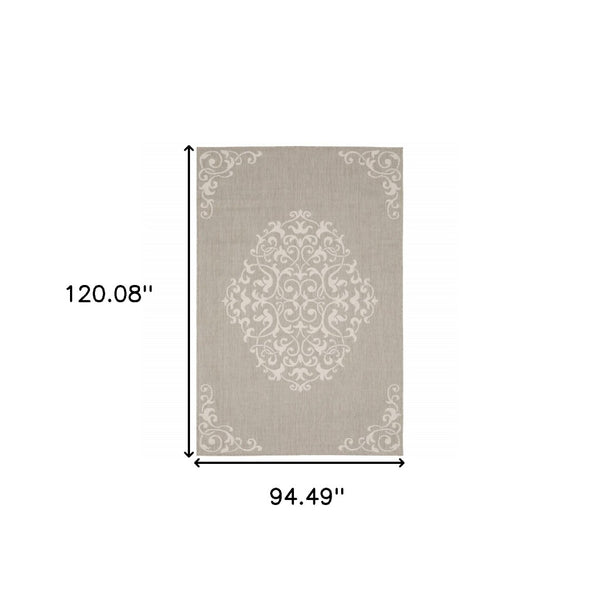 HomeRoots 7' Gray and Ivory Oriental Area Rug - Stain Resistant, Durable, Stylish for Indoor and Outdoor Use 7'10" x 10' 507797