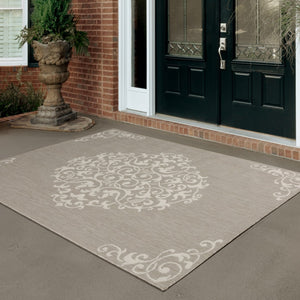 HomeRoots 7' Gray and Ivory Oriental Area Rug - Stain Resistant, Durable, Stylish for Indoor and Outdoor Use 7'10" x 10' 507797