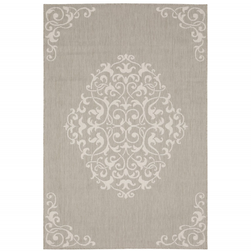 HomeRoots 7' Gray and Ivory Oriental Area Rug - Stain Resistant, Durable, Stylish for Indoor and Outdoor Use 9'10" x 12'10" 507798