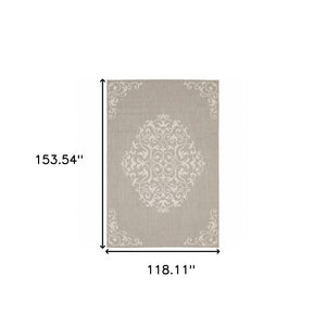 HomeRoots 7' Gray and Ivory Oriental Area Rug - Stain Resistant, Durable, Stylish for Indoor and Outdoor Use 9'10" x 12'10" 507798