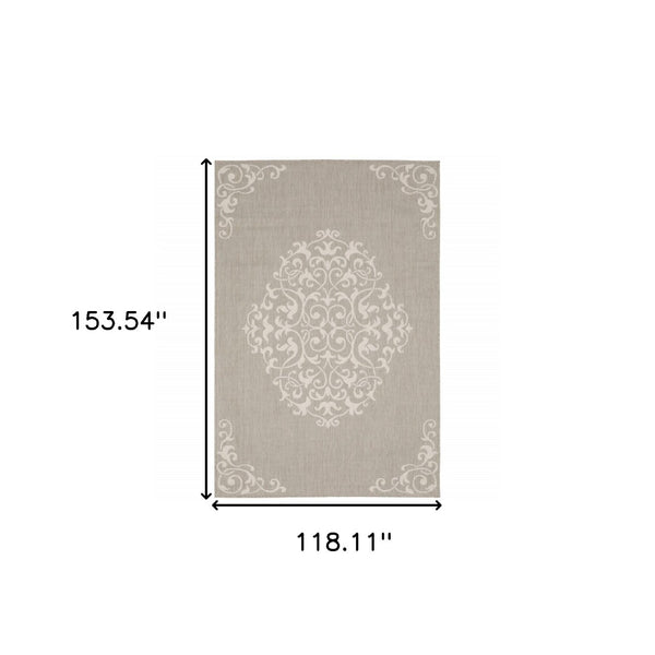 HomeRoots 7' Gray and Ivory Oriental Area Rug - Stain Resistant, Durable, Stylish for Indoor and Outdoor Use 9'10" x 12'10" 507798