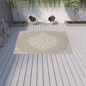 HomeRoots 7' Gray and Ivory Oriental Area Rug - Stain Resistant, Durable, Stylish for Indoor and Outdoor Use 9'10" x 12'10" 507798