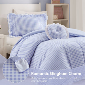 English Elm 3-piece Cottage Gingham Comforter Set with Ruffle Trim and Round Throw Pillow Blue B035P463185