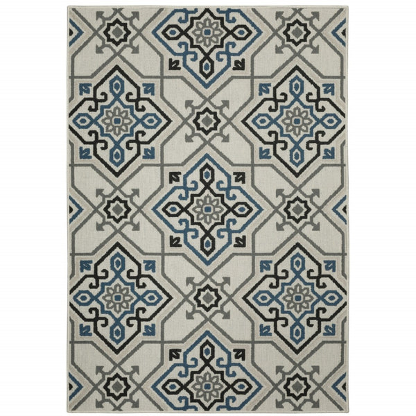 HomeRoots 5' Blue and Beige Oriental Area Rug - Stain Resistant, Indoor-Outdoor Design for Versatile Style 5'3" x 7'3" 507802