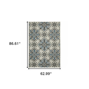 HomeRoots 5' Blue and Beige Oriental Area Rug - Stain Resistant, Indoor-Outdoor Design for Versatile Style 5'3" x 7'3" 507802