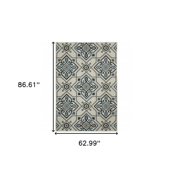HomeRoots 5' Blue and Beige Oriental Area Rug - Stain Resistant, Indoor-Outdoor Design for Versatile Style 5'3" x 7'3" 507802