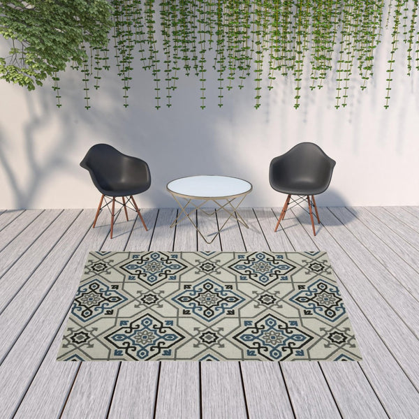 HomeRoots 5' Blue and Beige Oriental Area Rug - Stain Resistant, Indoor-Outdoor Design for Versatile Style 6'7" x 9'2" 507803