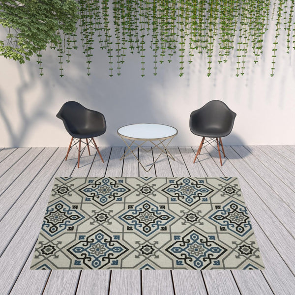 HomeRoots 5' Blue and Beige Oriental Area Rug - Stain Resistant, Indoor-Outdoor Design for Versatile Style 7'10" x 10' 507804