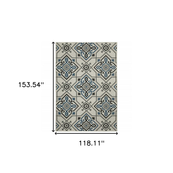 HomeRoots 5' Blue and Beige Oriental Area Rug - Stain Resistant, Indoor-Outdoor Design for Versatile Style 9'10" x 12'10" 507805