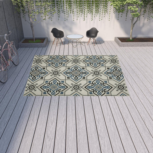 HomeRoots 5' Blue and Beige Oriental Area Rug - Stain Resistant, Indoor-Outdoor Design for Versatile Style 9'10" x 12'10" 507805