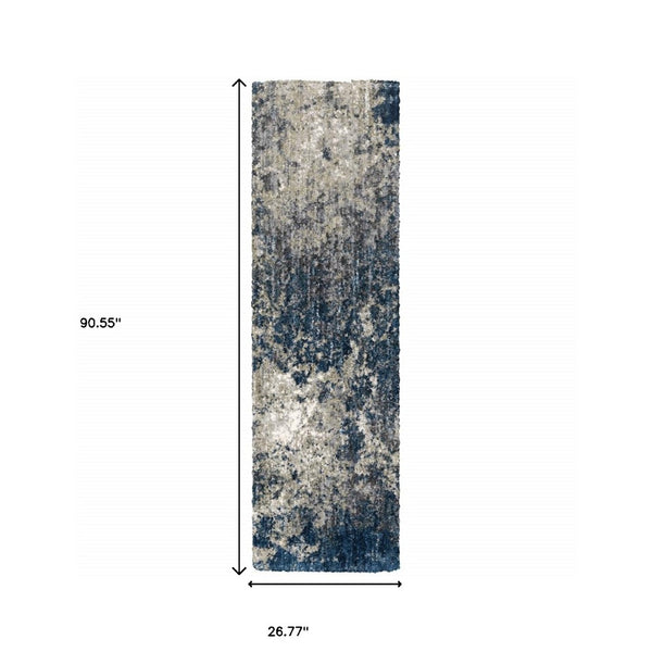 HomeRoots 8' Blue and Gray Abstract Shag Runner Rug - Stylish, Soft, Stain-Resistant Design for Hallways and Corridors 8' Runner 507831
