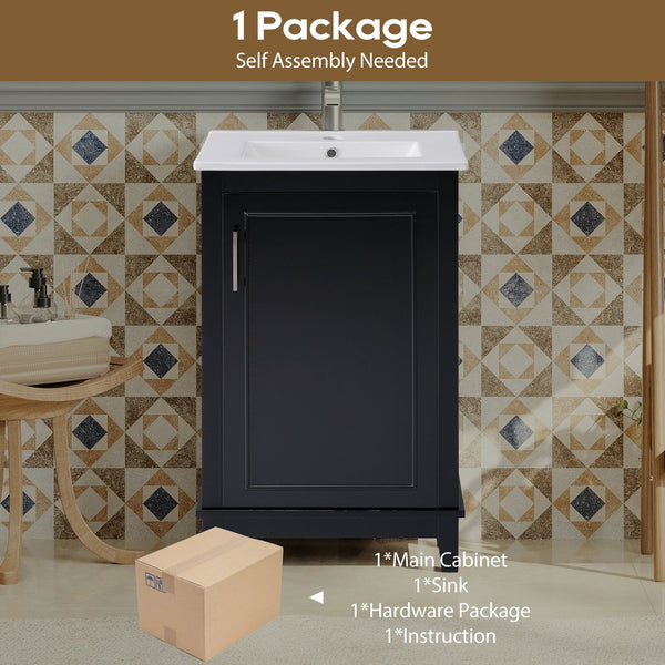 English Elm 20 Inch Modern Small Bathroom Vanity Cabinet With Ceramic Basin, Space-Saving Storage & Soft-Close Door Black N729P170386B