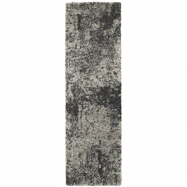 Homeroots 2' X 8' Charcoal Silver And Grey Abstract Shag Power Loom Stain Resistant Runner Rug Grey,Charcoal Polypropylene 507856