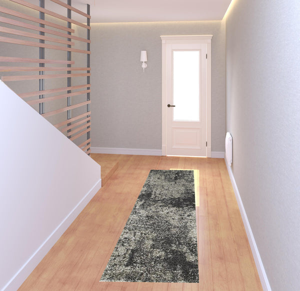 Homeroots 2' X 8' Charcoal Silver And Grey Abstract Shag Power Loom Stain Resistant Runner Rug Grey,Charcoal Polypropylene 507856