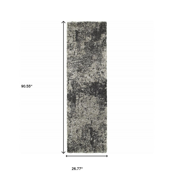Homeroots 2' X 8' Charcoal Silver And Grey Abstract Shag Power Loom Stain Resistant Runner Rug Grey,Charcoal Polypropylene 507856