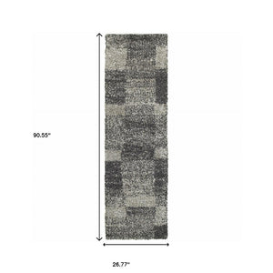 HomeRoots 2' Modern Geometric Charcoal Silver Shag Runner Rug - Durable, Stain-Resistant for High-Traffic Areas 2'3" x 7'6" 507871