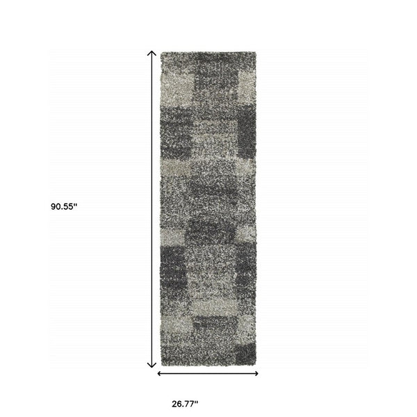 HomeRoots 2' Modern Geometric Charcoal Silver Shag Runner Rug - Durable, Stain-Resistant for High-Traffic Areas 2'3" x 7'6" 507871