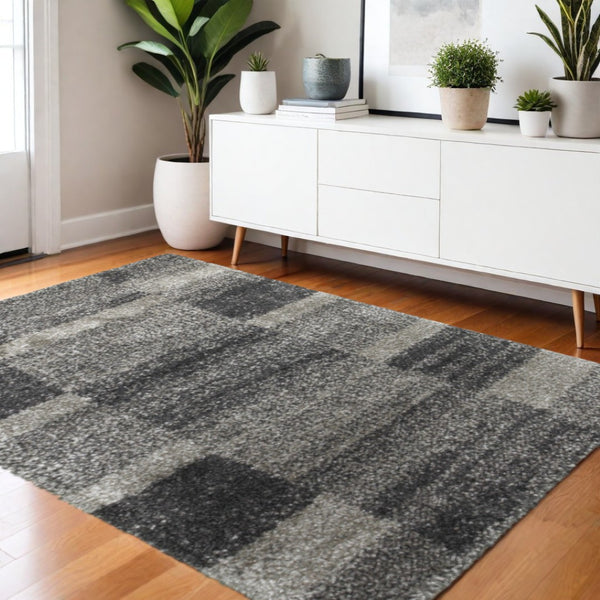 HomeRoots 2' Modern Geometric Charcoal Silver Shag Runner Rug - Durable, Stain-Resistant for High-Traffic Areas 4' X 6' 507872