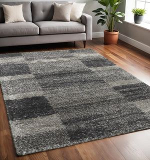 HomeRoots 2' Modern Geometric Charcoal Silver Shag Runner Rug - Durable, Stain-Resistant for High-Traffic Areas 5' X 8' 507873