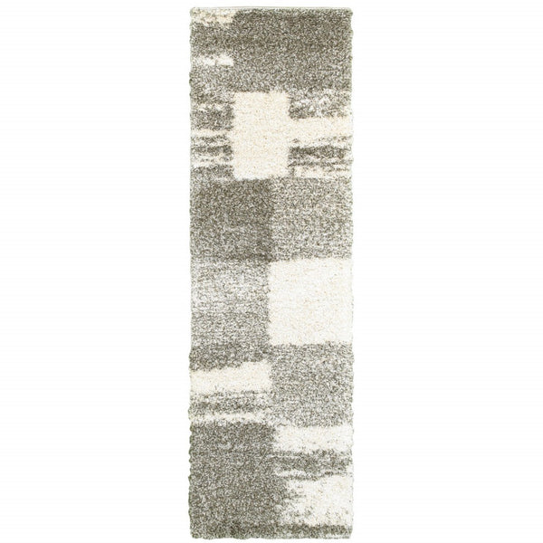HomeRoots 2' Geometric Shag Runner Rug in Gray and Ivory for Modern Hallways, Durable and Stylish Design 2'3" x 7'6" 507878
