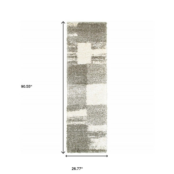 HomeRoots 2' Geometric Shag Runner Rug in Gray and Ivory for Modern Hallways, Durable and Stylish Design 2'3" x 7'6" 507878