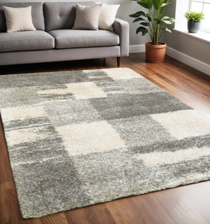 HomeRoots 2' Geometric Shag Runner Rug in Gray and Ivory for Modern Hallways, Durable and Stylish Design 5' X 8' 507880