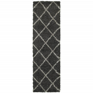 Homeroots 2' X 8' Charcoal And Grey Geometric Shag Power Loom Stain Resistant Runner Rug Charcoal,Grey Polypropylene 507885