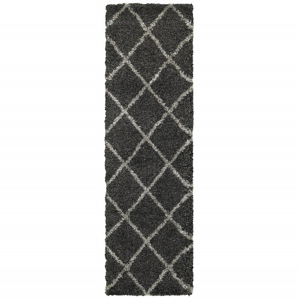 Homeroots 2' X 8' Charcoal And Grey Geometric Shag Power Loom Stain Resistant Runner Rug Charcoal,Grey Polypropylene 507885