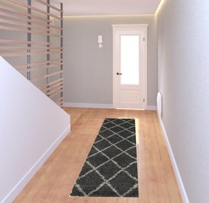 Homeroots 2' X 8' Charcoal And Grey Geometric Shag Power Loom Stain Resistant Runner Rug Charcoal,Grey Polypropylene 507885