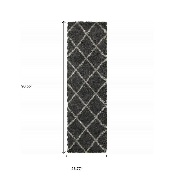 Homeroots 2' X 8' Charcoal And Grey Geometric Shag Power Loom Stain Resistant Runner Rug Charcoal,Grey Polypropylene 507885