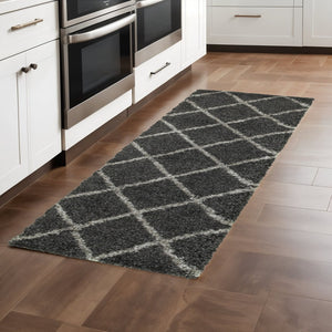 HomeRoots 2' Elegant Ivory and Gray Geometric Lattice Runner Rug - Durable, Soft, Stylish for High-Traffic Areas Charcoal/ Grey 2'3" x 7'6" 507885