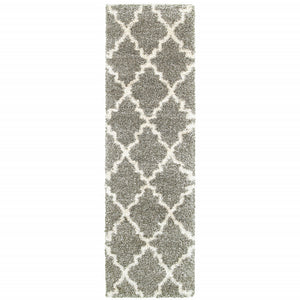 Homeroots 2' X 8' Grey And Ivory Geometric Shag Power Loom Stain Resistant Runner Rug Grey,Ivory Polypropylene 507892
