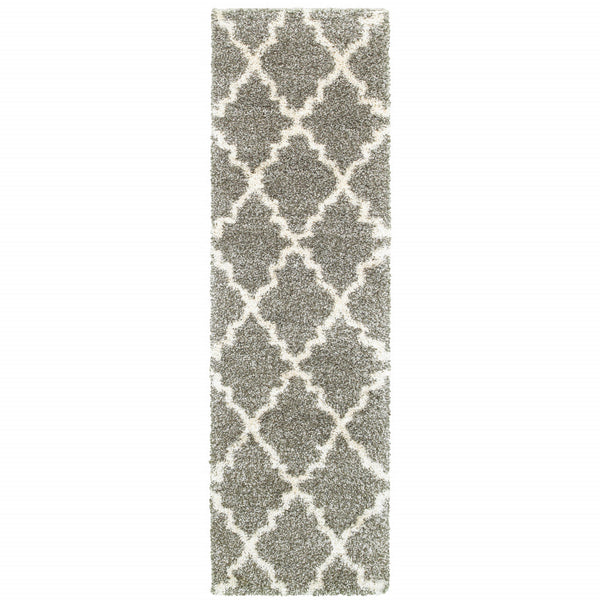 Homeroots 2' X 8' Grey And Ivory Geometric Shag Power Loom Stain Resistant Runner Rug Grey,Ivory Polypropylene 507892