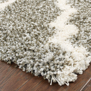 Homeroots 2' X 8' Grey And Ivory Geometric Shag Power Loom Stain Resistant Runner Rug Grey,Ivory Polypropylene 507892