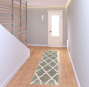 Homeroots 2' X 8' Grey And Ivory Geometric Shag Power Loom Stain Resistant Runner Rug Grey,Ivory Polypropylene 507892