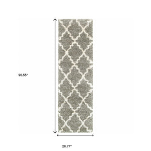 Homeroots 2' X 8' Grey And Ivory Geometric Shag Power Loom Stain Resistant Runner Rug Grey,Ivory Polypropylene 507892