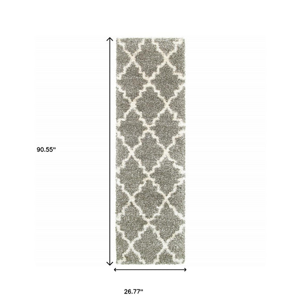 Homeroots 2' X 8' Grey And Ivory Geometric Shag Power Loom Stain Resistant Runner Rug Grey,Ivory Polypropylene 507892
