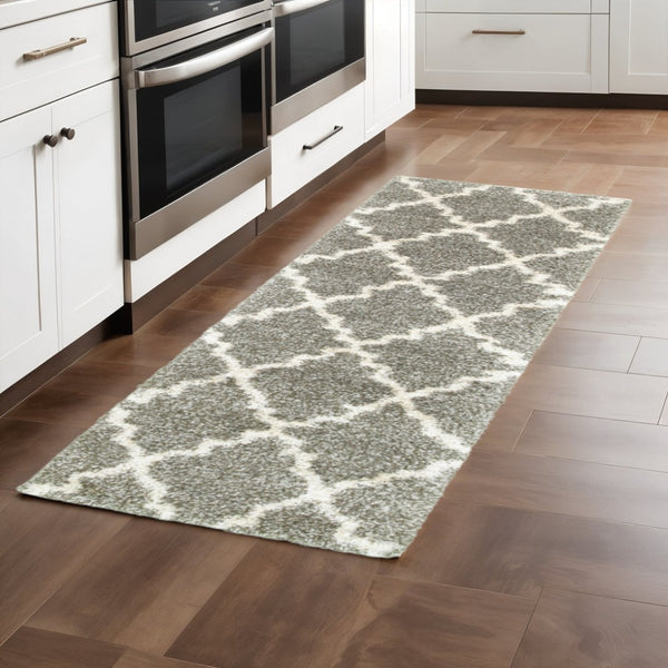 HomeRoots 2' Transform Your Space with a Cozy Geometric Shag Runner Rug - Stain-Resistant & Stylish Design Grey/ Ivory 2'3" x 7'6" 507892