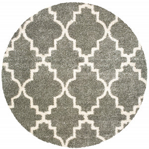 Homeroots 8' Grey Round Geometric Power Loom Stain Resistant Area Rug Grey,Ivory Polypropylene 507896