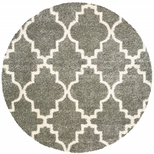Homeroots 8' Grey Round Geometric Power Loom Stain Resistant Area Rug Grey,Ivory Polypropylene 507896