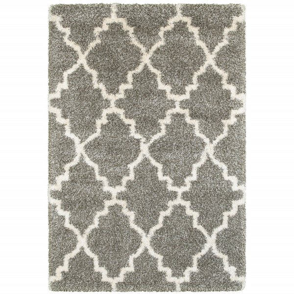 Homeroots 8' X 11' Grey And Ivory Geometric Shag Power Loom Stain Resistant Area Rug Grey,Ivory Polypropylene 507897