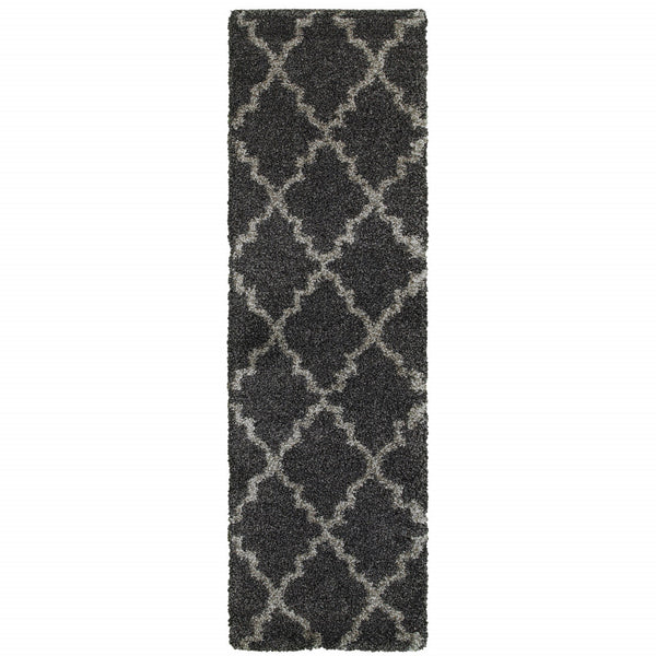 Homeroots 2' X 8' Charcoal And Grey Geometric Shag Power Loom Stain Resistant Runner Rug Charcoal,Grey Polypropylene 507900