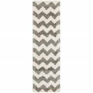 HomeRoots 2' Modern Grey and Ivory Geometric Shag Runner Rug - Soft, Stain-Resistant, Ideal for High-Traffic Areas 2'3" x 7'6" 507914