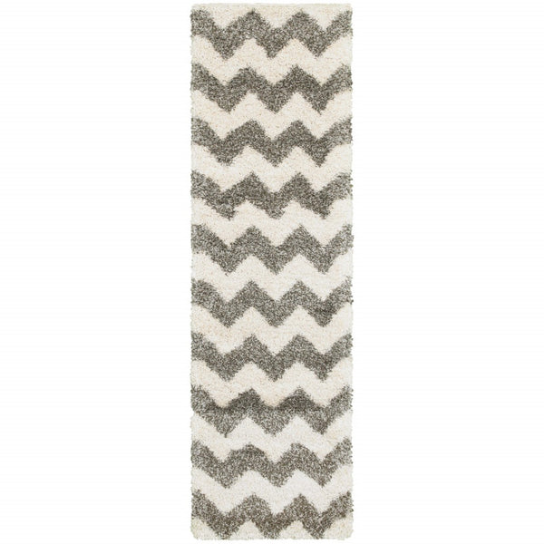 HomeRoots 2' Modern Grey and Ivory Geometric Shag Runner Rug - Soft, Stain-Resistant, Ideal for High-Traffic Areas 2'3" x 7'6" 507914