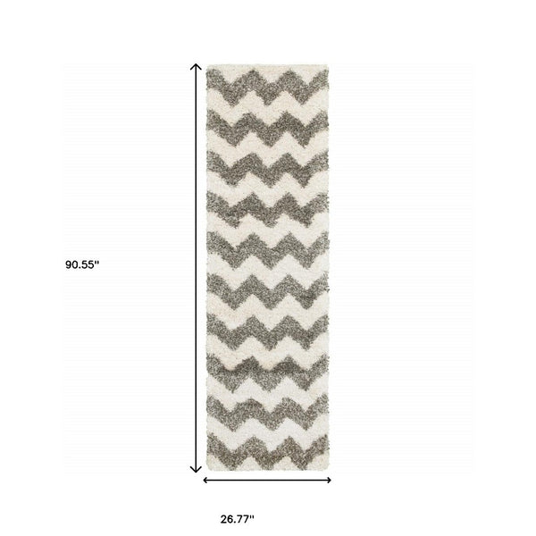 HomeRoots 2' Modern Grey and Ivory Geometric Shag Runner Rug - Soft, Stain-Resistant, Ideal for High-Traffic Areas 2'3" x 7'6" 507914