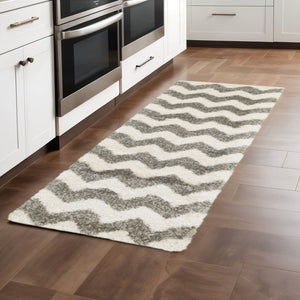 HomeRoots 2' Modern Grey and Ivory Geometric Shag Runner Rug - Soft, Stain-Resistant, Ideal for High-Traffic Areas 2'3" x 7'6" 507914